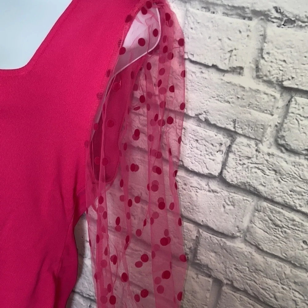 Eesome 1X Hot Pink Polka Dot Sheer Sleeve Blouse - Picture 7 of 15